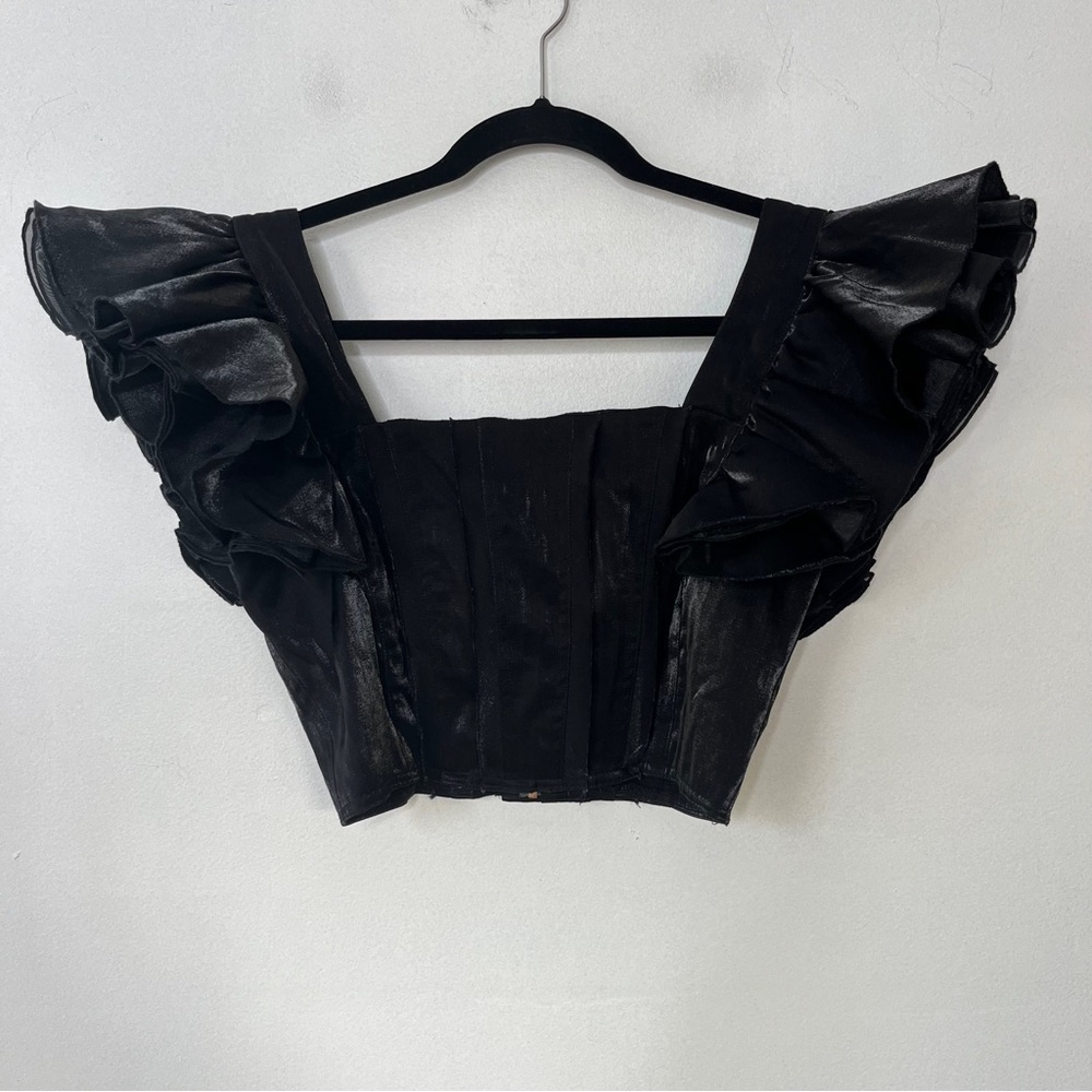 Sophie the Label Cropped Corset Top Size Small Ruffled Sleeves Shimmer